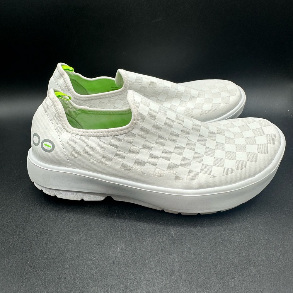 OOFOS White Checker Knit Slip-On Flats with Lime Interior